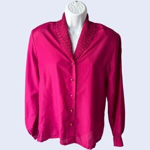 New Editions Petites 12P Vintage Magenta Blouse Pleated Collar Long Sleeve 80s